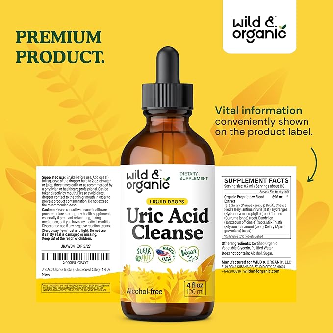 Wild &amp Organic Uric Acid Cleanse Liquid Drops - Tart Cherry Turmeric Celery Chanca Piedra Dandelion Root Extract Complex - Uric Acid Supplement - Vegan Sugar &amp Alcohol-Free Tincture - 4 f