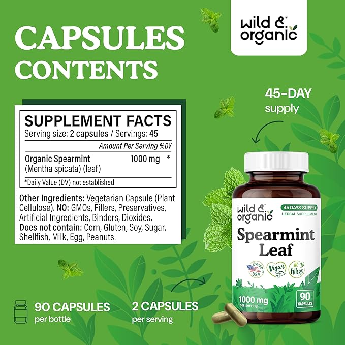 Wild &amp Organic Spearmint Capsules - 1000 mg Spearmint Supplement for Digestive Support - 45 Days of Supply - 90 Leaves Extract Capsules - Vegan Non-GMO Gluten-Free No Fillers
