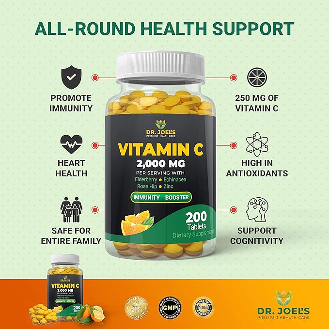 Dr. JOEL'S Immune Support Vitamin C 2000 mg - 200 Tablets - with Zinc Elderberry Rose Hip Echinacea - Boosts Immune System- Made in USA