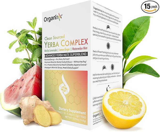 Organixx Clean Sourced Yerba Complex Yerba Mate Superblend Powder Drink Mix with Ashwagandha Natural Caffeine Pre &amp Probiotics &amp Fiber Dairy and Gluten Free Variety Pack 15 Travel Packe