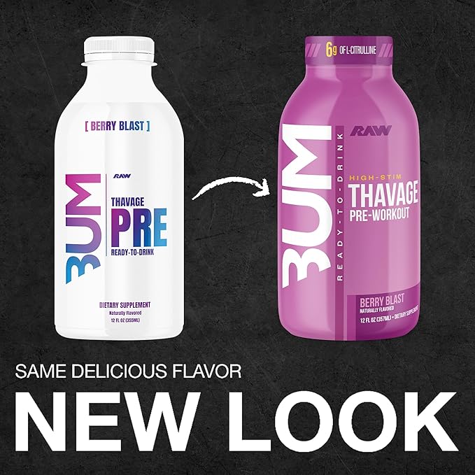 RAW Ready to Drink Pre-Workout Drink - BUM Thavage RTD Preworkout Shakes - Energy Supplement Drinks with Beta Alanine L-Citrulline &amp Caffeine - Zero Sugar (12 Pack Berry Blast)
