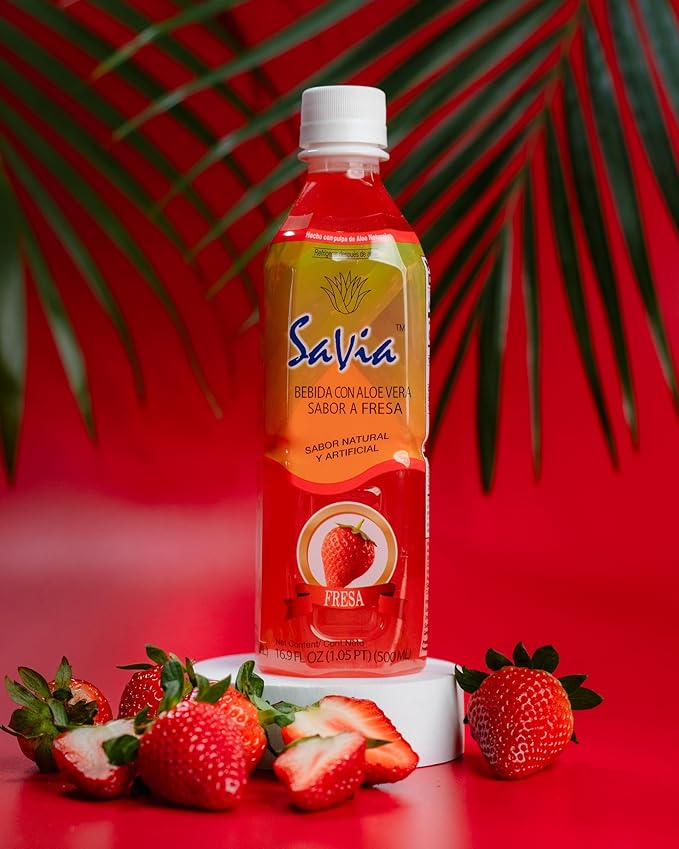 Savia - Strawberry Aloe Vera Drink Quality Aloe-Based Beverage Made with Real Aloe Pulp &amp Natural Delicious &amp Refreshing Vegetarian Gluten-Free Fat-Free (16.9oz 12-Pack)