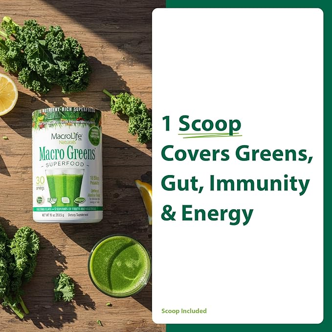 MacroLife Macro Greens Superfood Powder 38 Nutrient-Rich Super Greens with Probiotics Digestive Enzymes &amp Adaptogen Drink Mix for Energy &amp Vitality - Non-GMO Vegan Gluten-Free - 10oz (30 Servi