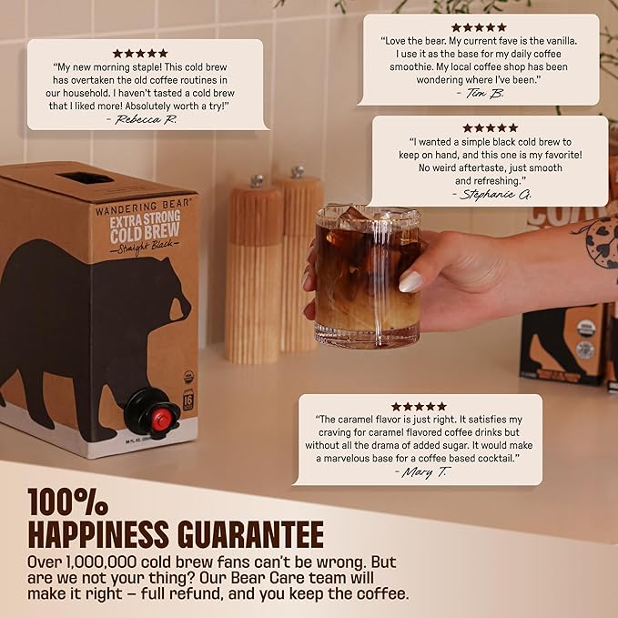 Wandering Bear Straight Black Organic Cold Brew Coffee On Tap Iced Coffee Drink - Extra Strong Smooth No Sugar Added Shelf-Stable Ready to Drink &amp Vegan 100% Organic - 16 Servings of 6fl.oz