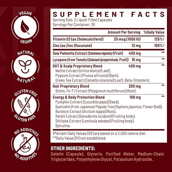DHT Blocker for Men | Hair Growth Vitamins Supplement with Saw Palmetto &amp Biotin - Hair Regrowth - Natural Hair Loss Supplements Liquid-Filled - Proprietary Herbal Blends (90 Capsules)