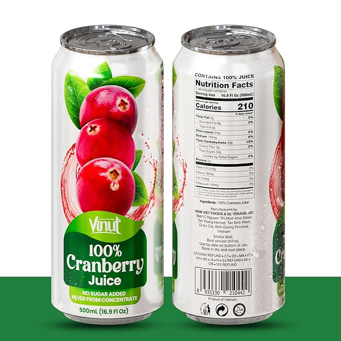 VINUT 100% Cranberry Juice No Added Sugar Not From Concentrate 16.9 fl oz (500 mL) Can Pack of 12