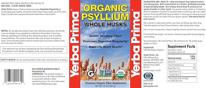 Yerba Prima Organic Psyllium Whole Husks 12 oz - Natural Dietary Fiber Supplement Non GMO Gluten Free Keto and Vegan Friendly for Regularity Support Unflavored