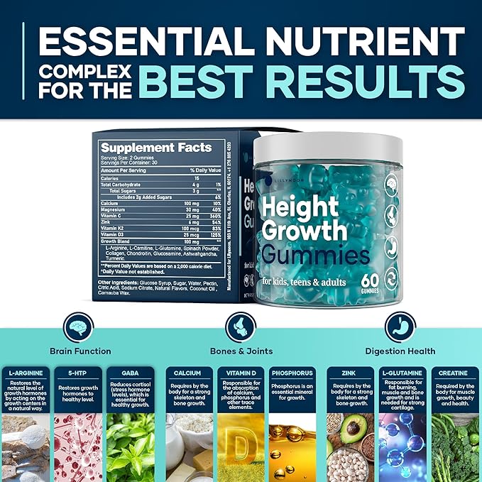 Height Growth Gummies Multivitamins Natural Height Increase Supplement with Calcium Zinc K2 D3 Magnesium Bone Strength Density Support Grow Taller Gummies for Adults Kids Bone Support Complex