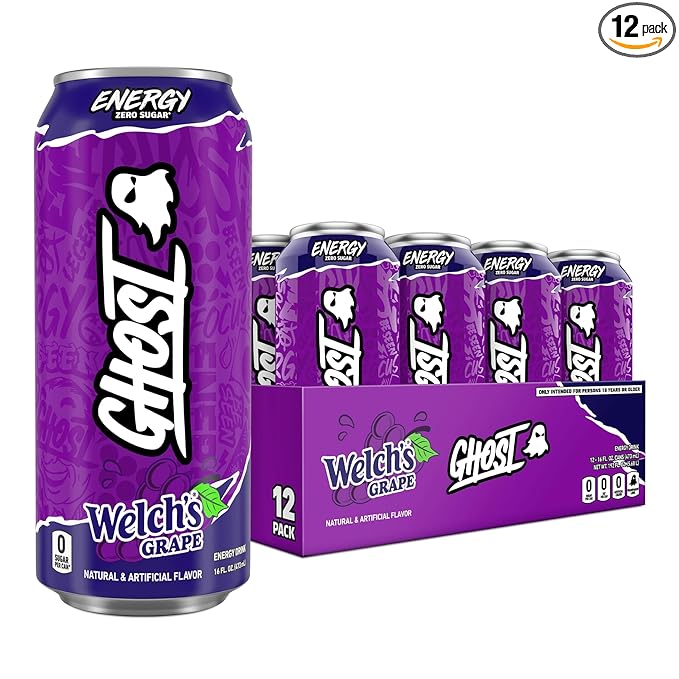 GHOST Energy Drink - 12-Pack Welch's Grape 16oz Cans - Energy &amp Focus &amp No Artificial Colors - 200mg of Natural Caffeine L-Carnitine &amp Taurine - Gluten-Free &amp Vegan