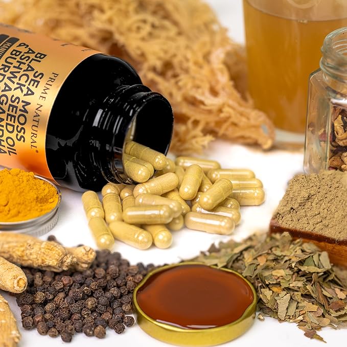 PRIME NATURAL Sea Moss 300mg Black Seed Oil 200mg Ashwagandha 100mg Turmeric Bladderwrack Burdock Manuka Honey Dandelion ACV - 120 Capsules | 60 Days Supply | Vegan
