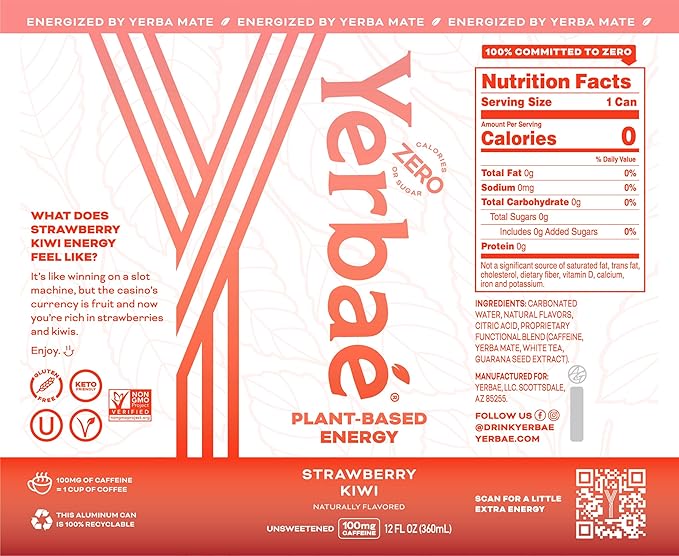 Yerbaé Energy Seltzer - Strawberry Kiwi No Sugar/Calories/Carbs. Energized by Yerba Mate Naturally Caffeinated Plant-Based Healthy Alternative to Coffee/Sugary Sodas Pack of 12 12oz cans