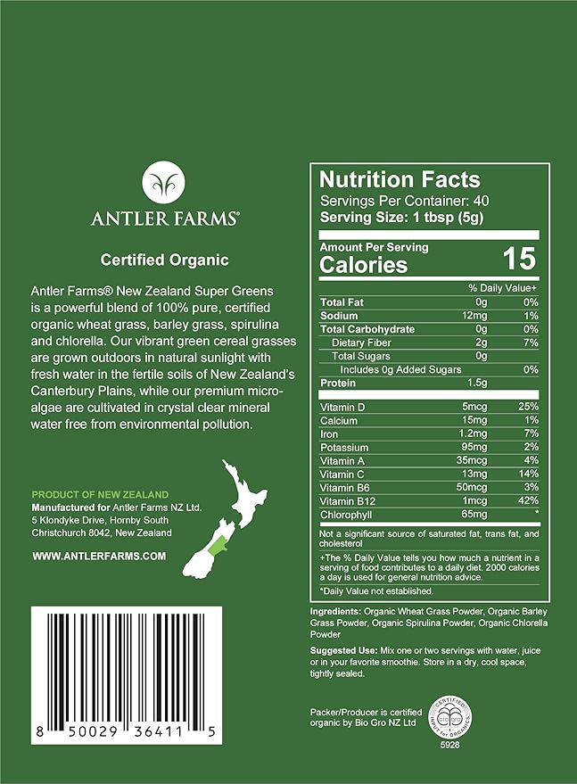 Antler Farms - 100% Pure Organic New Zealand Super Greens Powder 40 Servings 200g - Wheat Grass Barley Grass Chlorella Spirulina - Vegan Gluten Free Chlorophyll Rich for Energy and Detox