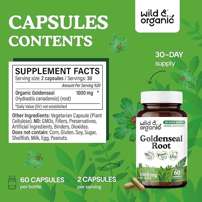 Wild &amp Organic Goldenseal Root Capsules 1000mg - Immune &amp Lung Support - 60 Goldenseal Root Powder Capsules - 30 Days Supply - Vegan No Fillers Non-GMO