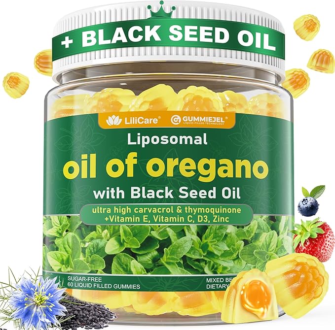Oil of Oregano with Black Seed Oil Filled Gummies - 2 Months Supply - Aceite De Oregano Capsulas Alternative Carvacrol &amp Thymoquinone with VE VC D3 Zinc Liposomal Form Sugar Free Berry Flav
