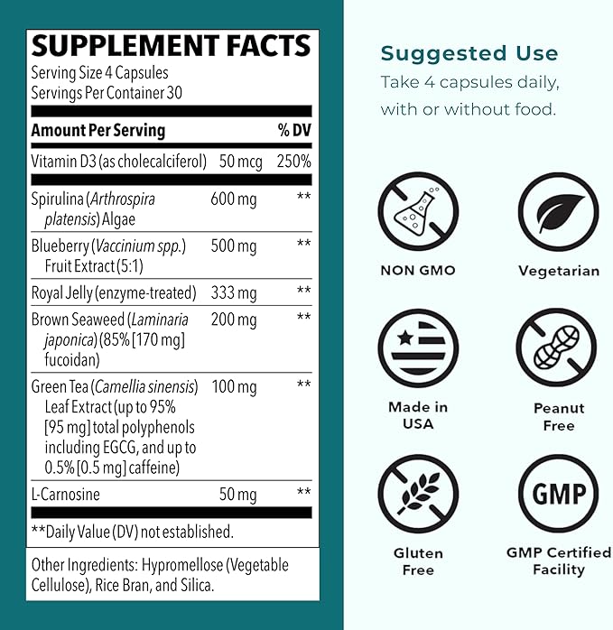 LifeSeasons Stem Boost-R - Stem Cell Support - Naturally Repair Damaged Tissue - Vitamin Supplement Rich in Antioxidants - Royal Jelly Spirulina Blueberry Brown Seaweed &amp L-Carnosine - 120 Caps