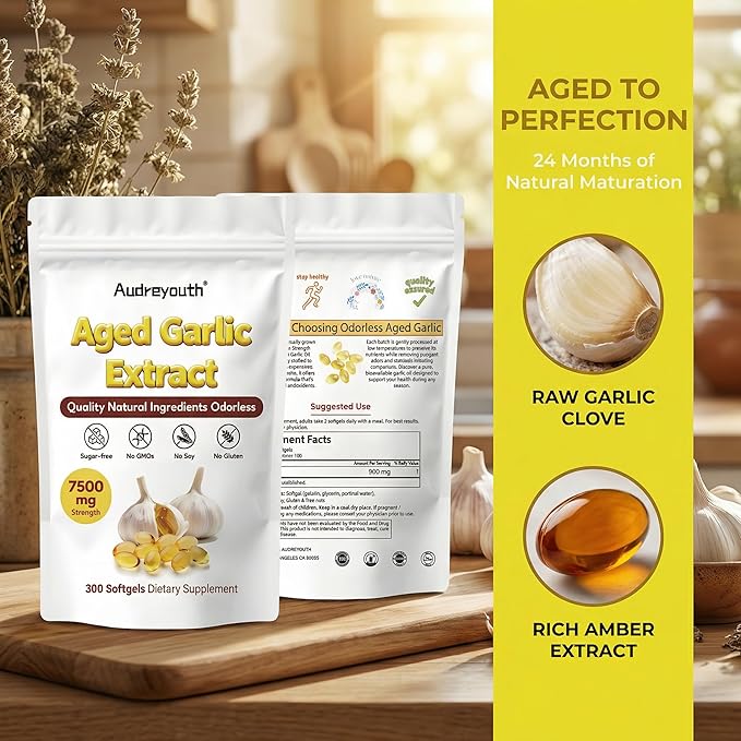 Odorless Garlic 300 Softgels | 2 Years Aged Garlic Extract | Grown Allium Sativum Bulb | Natural Herbal Supplements | Non-GMO Gluten Free