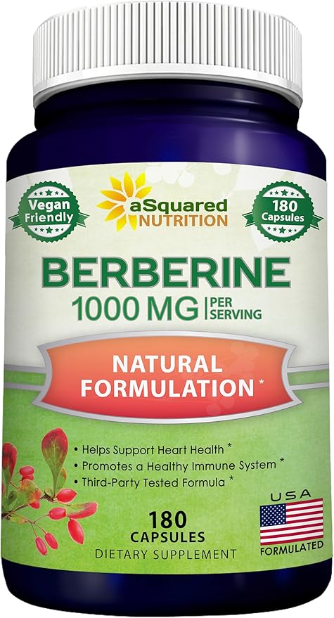 aSquared Nutrition Pure Berberine 1000mg Supplement - 180 Veggie Capsules Natural Berberine Hydrochloride HCL Plus Max Strength 1000 mg (2X 500mg) Potent Berberine Vegan Extract