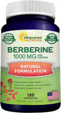aSquared Nutrition Pure Berberine 1000mg Supplement - 180 Veggie Capsules Natural Berberine Hydrochloride HCL Plus Max Strength 1000 mg (2X 500mg) Potent Berberine Vegan Extract