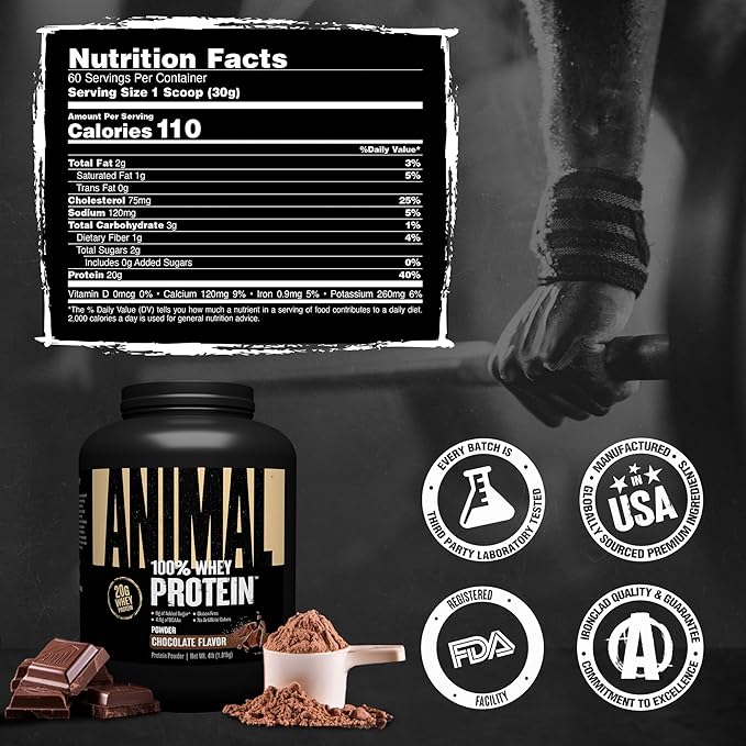 Animal 100% Whey Protein Powder – Whey Blend for Pre Workout or Post Workout Recovery or an Anytime Low Sugar Protein Boost Meal Replacement with BCAA Branched Chain Amino Acids – Chocolate 4 lb