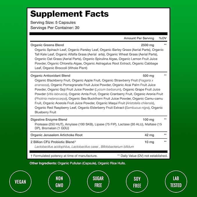 Organic Super Greens Capsules - Daily Fruits and Veggies Supplement - 150 Green &amp Reds Superfood Pills - 40+ Natural Whole Food Fruit &amp Vegetables Prebiotic Fiber &amp Probiotics &amp Diges