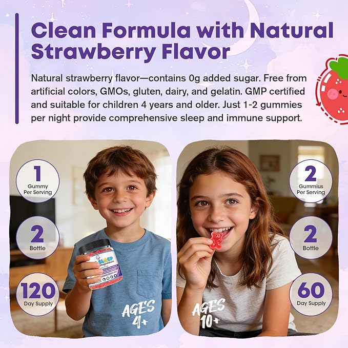Kids Sleep Gummies Magnesium Bisglycinate 100/200 mg + 200/400 mg Calcium Citrate for Kids 4+ w/L-Theanine B6 Zinc D3K2 &amp GABA Lemon Balm Chamomile Extract for Zzz &amp Relax Bone Muscle