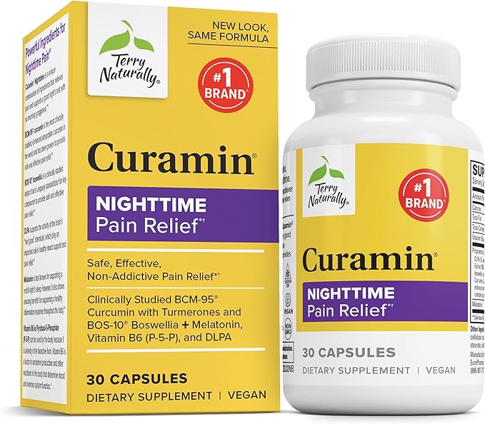 Terry Naturally Curamin Nighttime - Curcumin &amp DLPA Capsule Supplement - Non-GMO Supplement to Support Healthy Sleep &amp Relaxation - Herbal Supplement with Melatonin - 30 Capsules