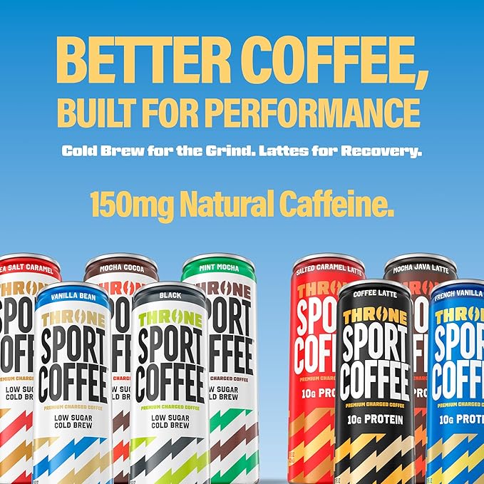 Throne Sport Coffee Cold Brew – Low Sugar. 150mg Natural Caffeine and B Vitamins – Dairy-Free Low Calorie –Premium Arabica NSF Certified Active Lifestyles – Mocha Cocoa 12 Pack