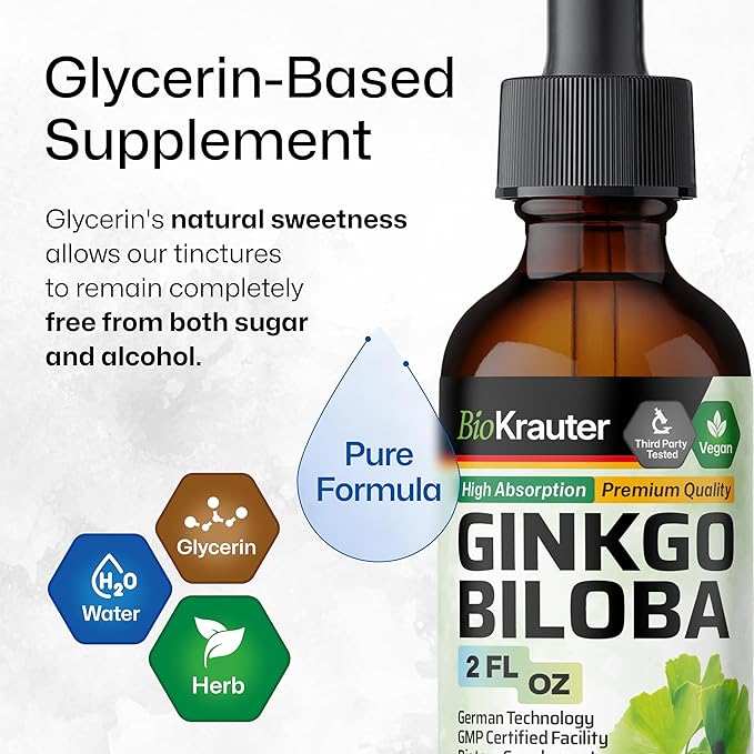 BIO KRAUTER® Ginkgo Biloba for Brain Support - Pure Vegan Ginkgo Biloba Supplement 670 mg - Supports Calm Focus &amp Memory - Alcohol &amp Sugar Free 2 Fl.Oz 28-Day Supply Liquid Drops for Brain