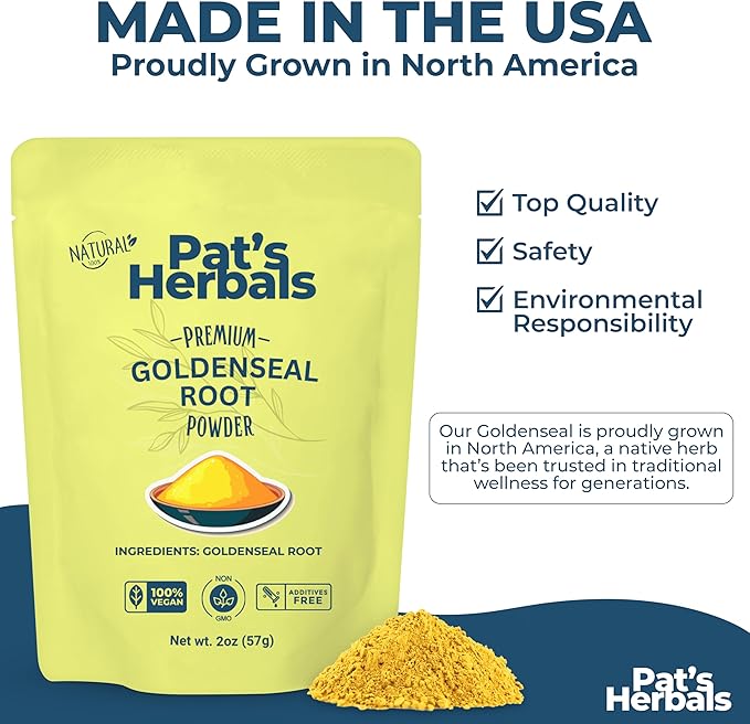 Pat's Herbals Goldenseal Root Powder - 2oz USA Grown Non-GMO | Pure Bright Yellow Root Powder