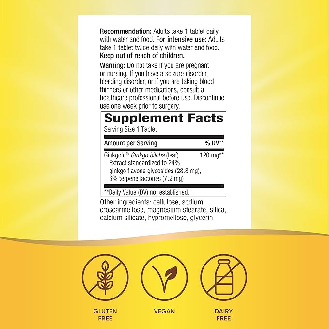 Nature's Way Ginkgold Max Advanced Ginkgo Extract Supports Concentration Cognitive Function* Memory and Focus* Gluten-Free Vegan 60 Vegan Tablets (Packaging May Vary)