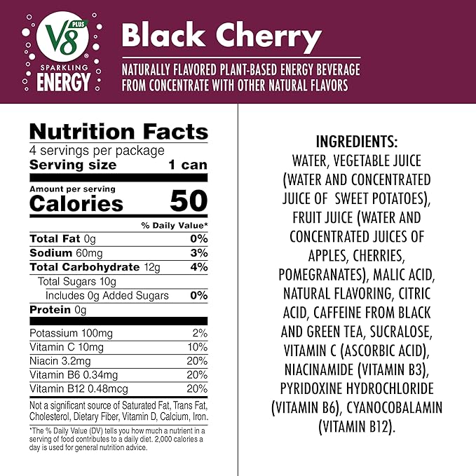 V8 +ENERGY Black Cherry Energy Drink Made with Real Vegetable and Fruit Juices 11.5 FL OZ Can 4 Count (Pack of 6)