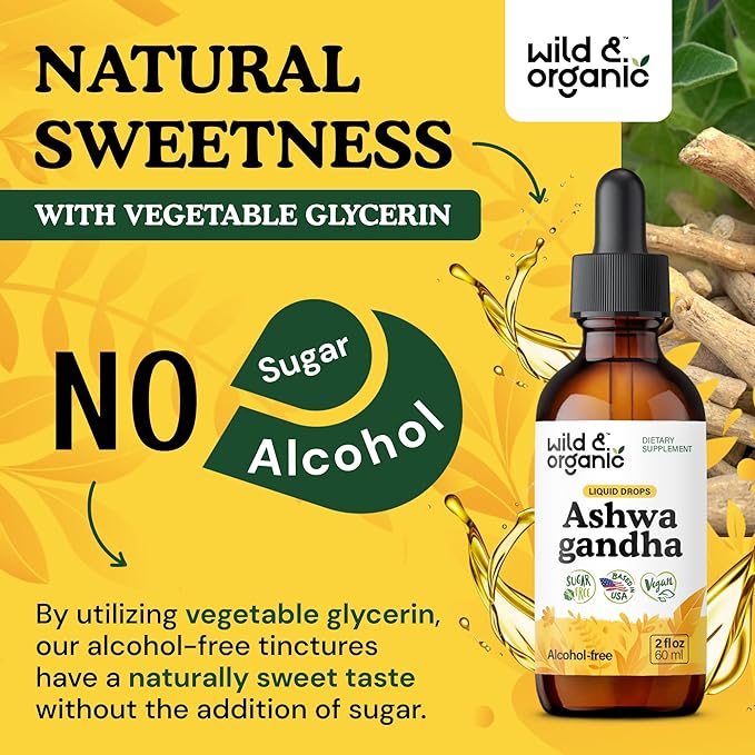 Wild &amp Organic Ashwagandha Liquid Drops - Calming Ashwagandha Root Extract for Relaxation - 1-Month Supply - Herbal Supplements for Women and Men - Vegan Sugar &amp Alcohol-Free Tincture - 2 fl