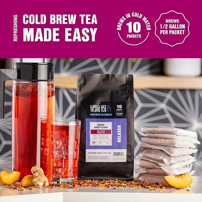 Tiesta Tea - Ginger Sweet Peach Cold Brew Tea Loose Leaf Spicy Peach Herbal Blend Premium Non-Caffeinated Iced Blend Cold Brew Packets Makes 64 oz of Pitcher Per Bag (Pack of 10)