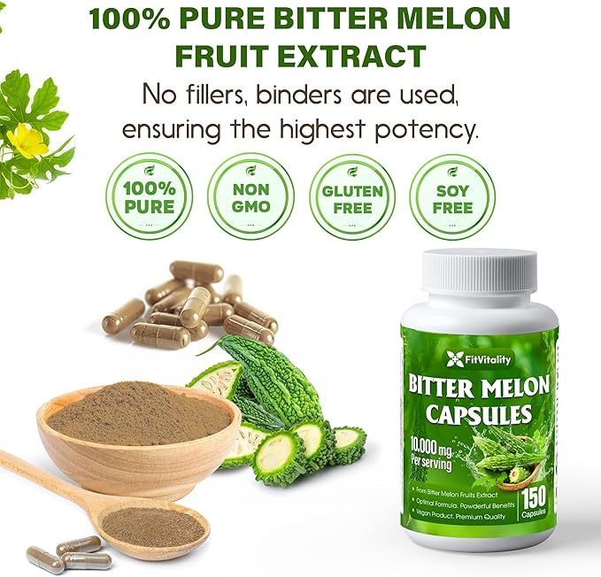 Bitter Melon Capsules| 150 Vegan Capsules| 150 Days Supply| 9000mg per Serving| Bitter Melon Fruit 25:1 Extract| 100% Pure &amp Natural| Gluten-Free Supplement| Ultimate Concentrated