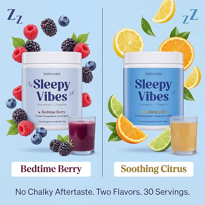 Sleepy Vibes Calm Magnesium Powder Sleep Drink Mix - Melatonin Free Natural Sleep Aid with L-Theanine Glycine &amp Chamomile - Non Habit Forming Calming Bedtime Supplement - Soothing Citrus 30 Serv