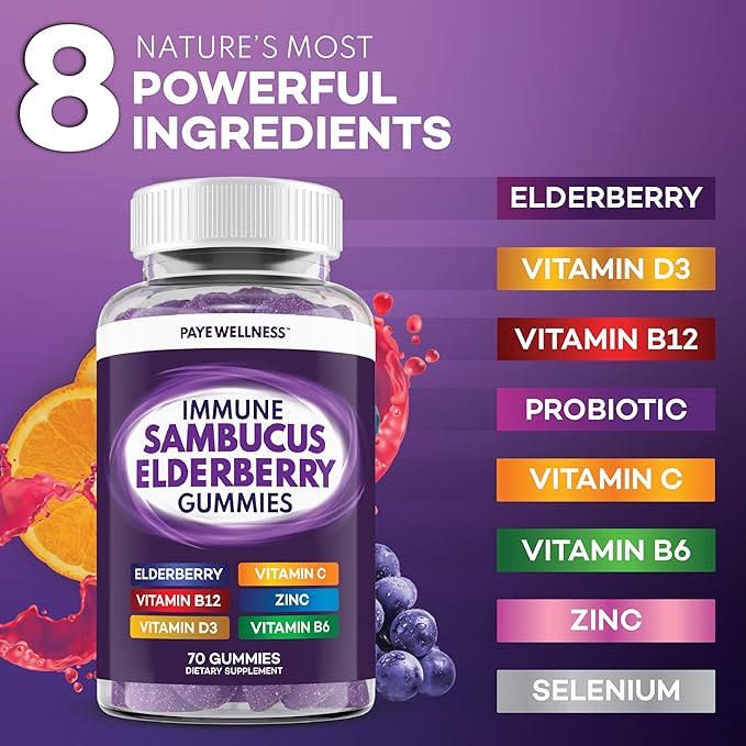 PAYÉ Elderberry Gummies Immune Support Daily Support for Kids and Adults* with Sambucus Elderberry Zinc Vitamin C D3 B6 B12 Plus - Dietary Supplement - 140 Count
