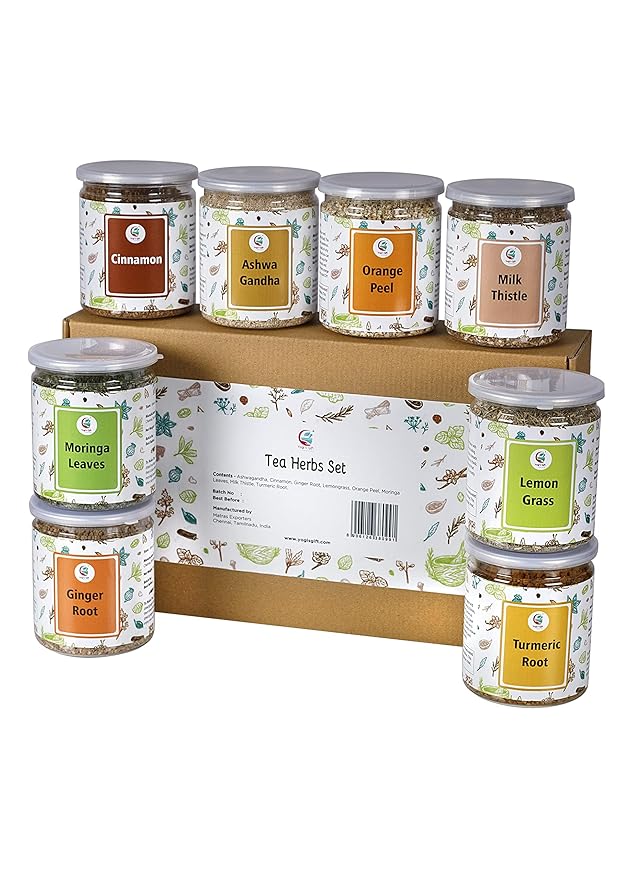 Loose Leaf Herbal Tea Set – 8 Premium Herbs - Up to 450 Cups - Ginger Turmeric Lemongrass Moringa Cinnamon Orange Peel Milk Thistle Ashwagandha | Wellness Gift by Yogi's Gift®
