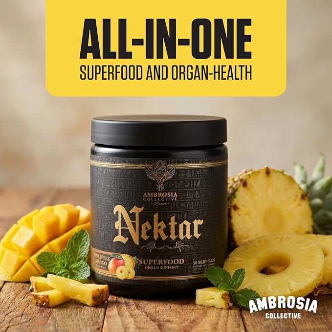 Ambrosia Nektar - Superfood Powder | Daily Organ Support Supplement | Greens Powder Alternative | 13 Superfoods for Energy Digestion Skin Health &amp Immune Support | 30 Servings | Pineapple Mango