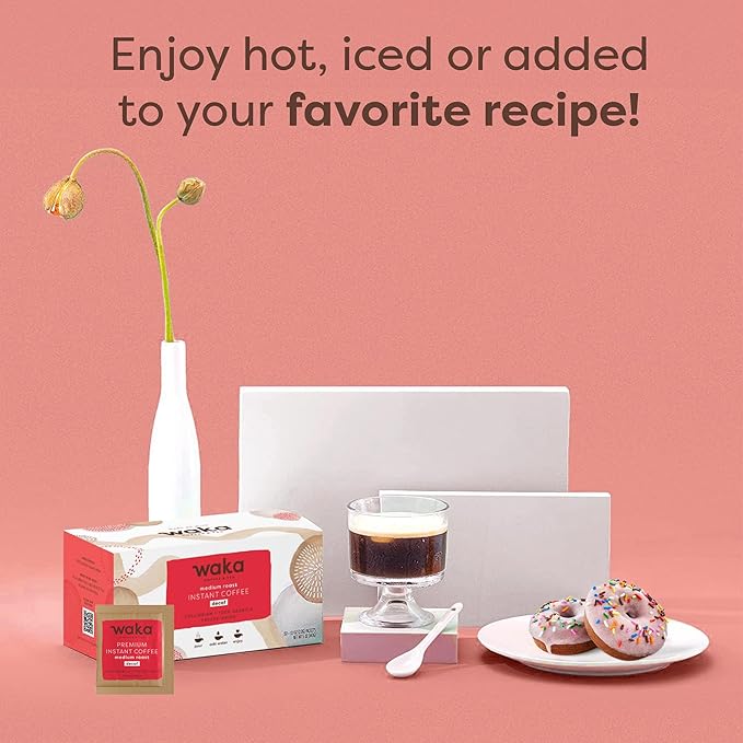 Waka Decaf Premium Instant Coffee — 100% Colombian Arabica Freeze Dried Beans — For Hot or Iced Coffee (Single-Serve 50 ct)