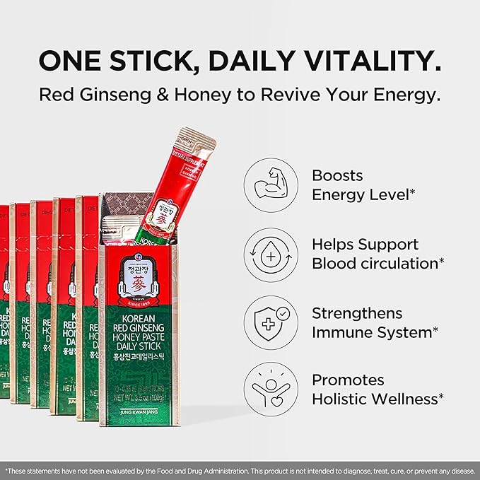 JUNG KWAN JANG Korean Red Ginseng Honey Paste Daily Stick | Poria Mushroom Rehmannia Extract Hong Sam Jin Go Daily | Natural Energy Booster for Men &amp Women Pre Workout | 30 Count