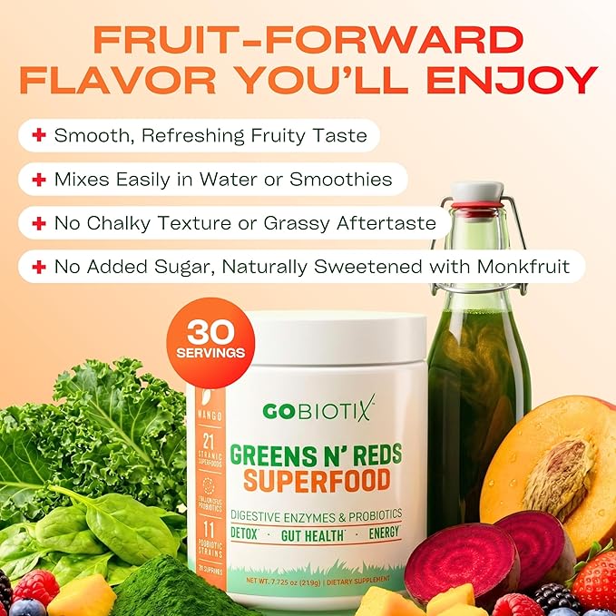 GOBIOTIX Super Greens Powder with Organic Spirulina - Superfood Supplement with Fruit Blend Probiotics and Enzymes for Digestive Health - Vegan Non-GMO - 30 Servings (Mango - 1 Pack)
