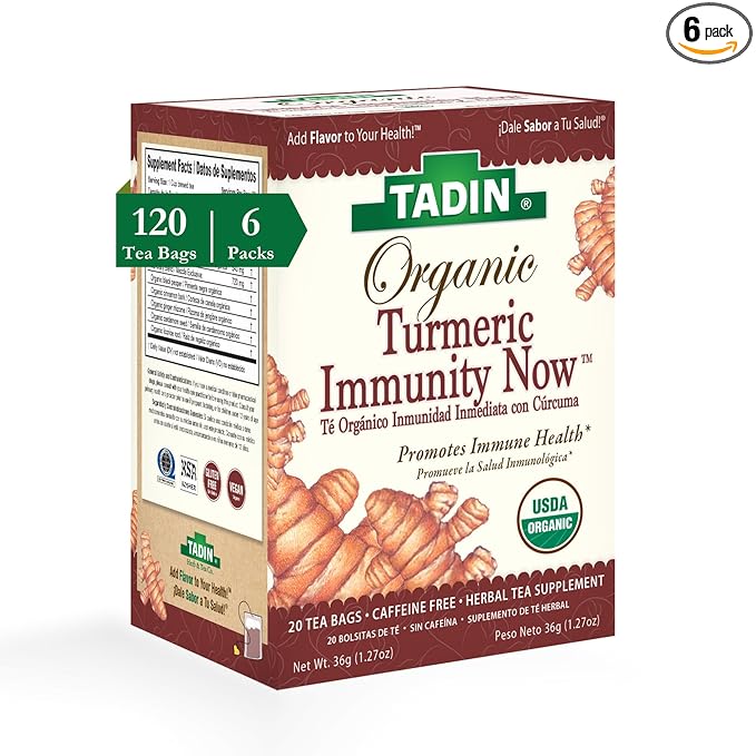Tadin Organic Turmeric Immunity Now Caffeine Free Herbal Tea for Immunity Support 20 Tea Bags Per Box Pack of 6