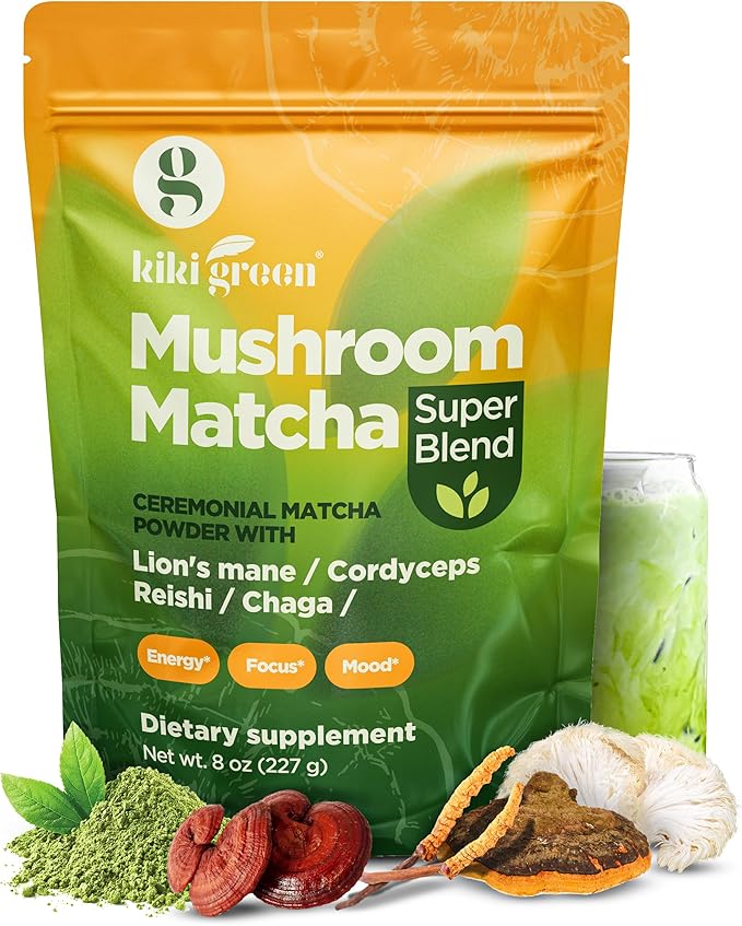 KIKI Green Mushroom Matcha Super Blend - Matcha Powder with Lion's Mane Chaga Reishi Cordyceps - Mushroom Coffee Alternative for Energy Focus Immunity - 8 oz 40 Servings