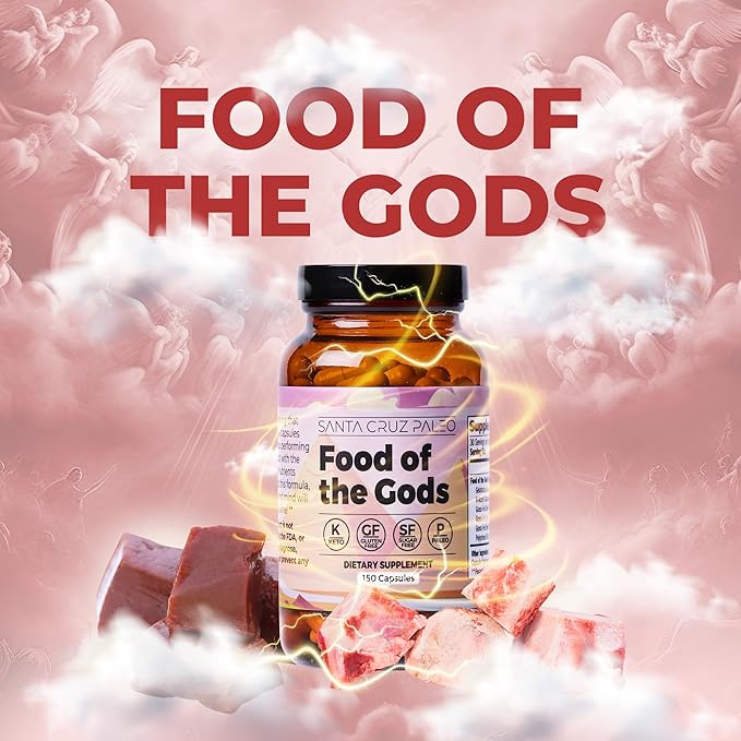 Santa Cruz Paleo Food of The Gods Grass Fed Beef Organ Supplement for Men and Women with Collagen Maca Root Colostrum Bone Broth Iron Vitamin B12 Gluten Free Keto Friendly 30 Servings