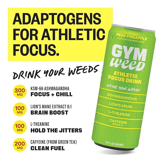 GYM WEED Athletic Focus Drink with KSM-66 Ashwagandha Lion's Mane Mushroom L-Theanine 200mg Green Tea Caffeine with Natural Sweeteners Pear Pineapple Flavor 12 Pack