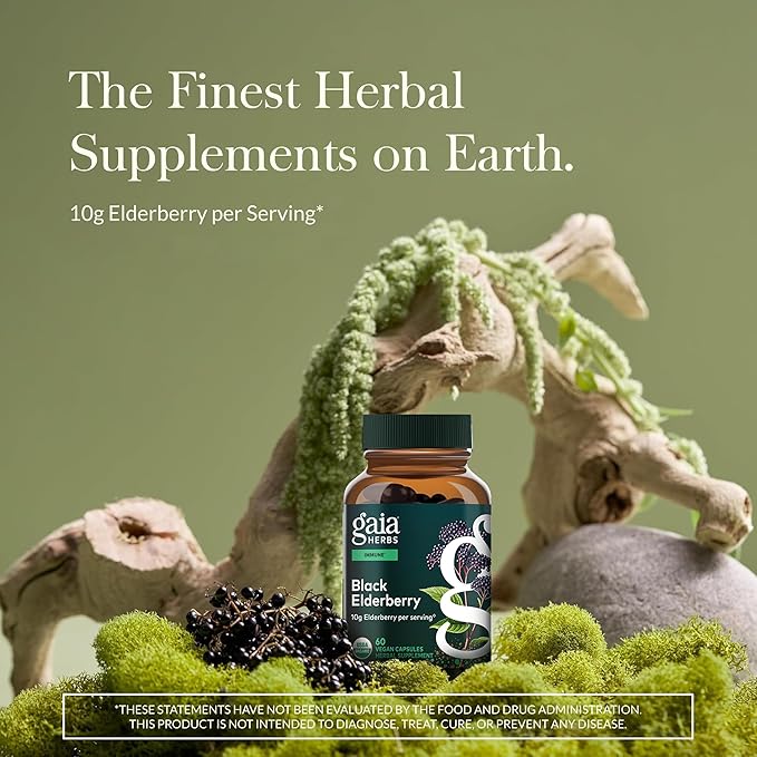 Gaia Herbs Black Elderberry - Daily Immune Support Supplement to Help Support Wellness - with Black Elderberries &amp Acerola Fruit for Antioxidant Support* - 60 Vegan Capsules (30 Servings)