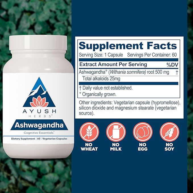 Ayush Herbs Ashwagandha Capsules - Ashwagandha for Men &amp Women Ashwagandha Supplements Pure Ashwagandha Root Powder for Stress 500mg per Pill - 60 Servings