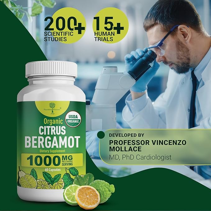 Organic Citrus Bergamot Supplement - Only USDA Cardiologist Formulated with 200+ Scientific Studies -1000mg - Patented Extract Heart Cholesterol &amp Lipid - Italian Bergamot High Polyphenols 60c