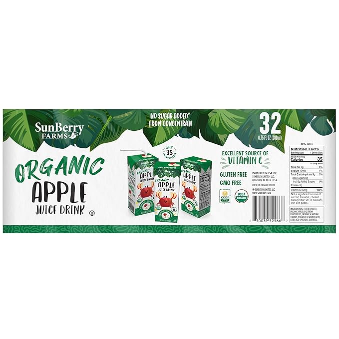 Sunberry Farms Organic Apple Juice Drink – 32 Pack (6.75 fl oz Each) | No Sugar Added | USDA Organic | Gluten-Free | GMO-Free | Preservative Free | Excellent Source of Vitamin C | Lunchbox Kids Juice