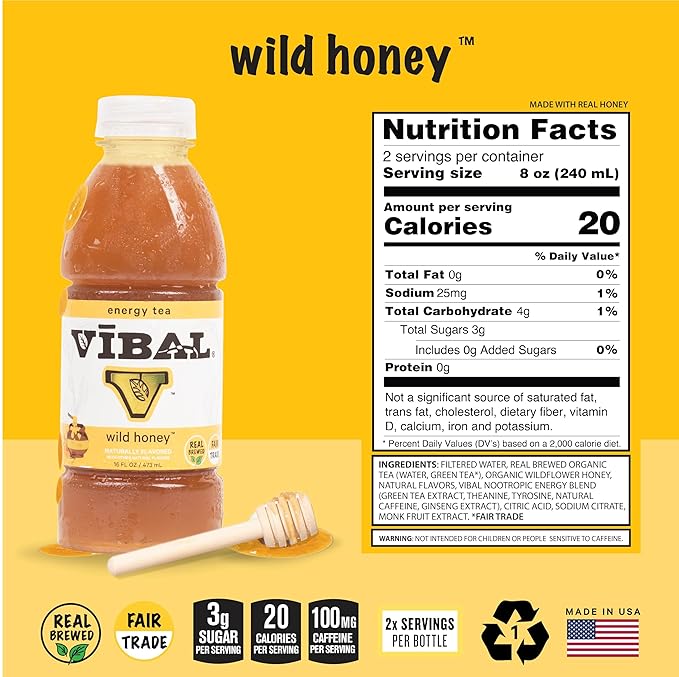 VIBAL ENERGY TEA Wild Honey 16 Fl Oz 6-Pack Natural Energy High Caffeine Ginseng Theanine Low Sugar Low Carb Low Calorie Adaptogens Nootropics